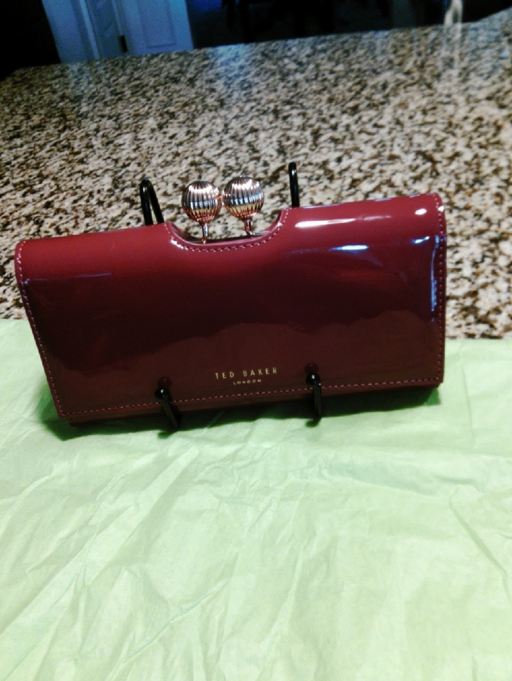 Ted Baker Glossy Burgundy Patent Clutch with Gold Kiss-Lock
